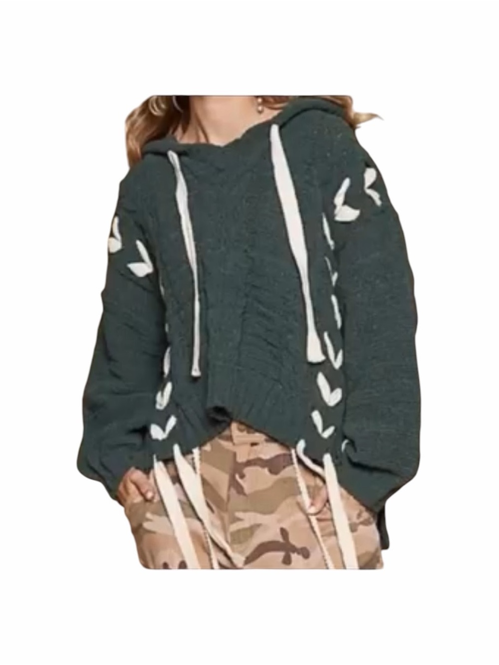 POL Clothing Cable Knit V-Neck Hooded Sweater